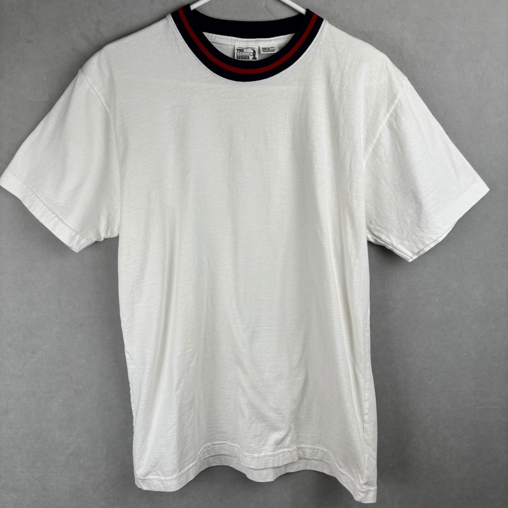 American Apparel Hammer Series Mens M White Ringer T-Shirt Navy Red USA Made‎